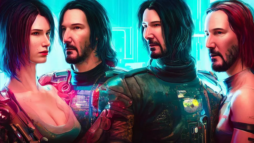 Image similar to a cyberpunk 2077 srcreenshot couple portrait of Keanu Reeves&female android in kiss,love story,film lighting,by Laurie Greasley,Lawrence Alma-Tadema,Dan Mumford,John Wick,Speed,Replicas,artstation,deviantart,FAN ART,full of color,Digital painting,face enhance,highly detailed,8K,octane,golden ratio,cinematic lighting