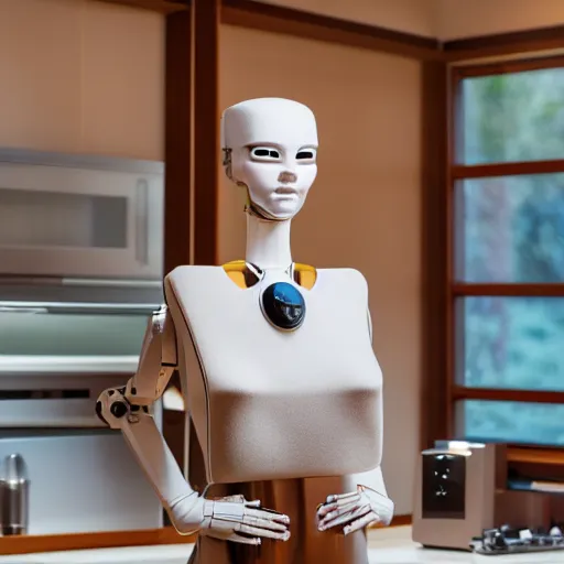 Image similar to dlsr portrait, a humanoid android robot of a beautiful woman made out of expensive high - end 8 0's japanese hi - fi equipment, inside the kitchen of a japanese influenced neo - midcentury modern futuristic villa, huge windows showing a rocky california shoreline at golden hour, 4 k, face enhance, ultra - detailed