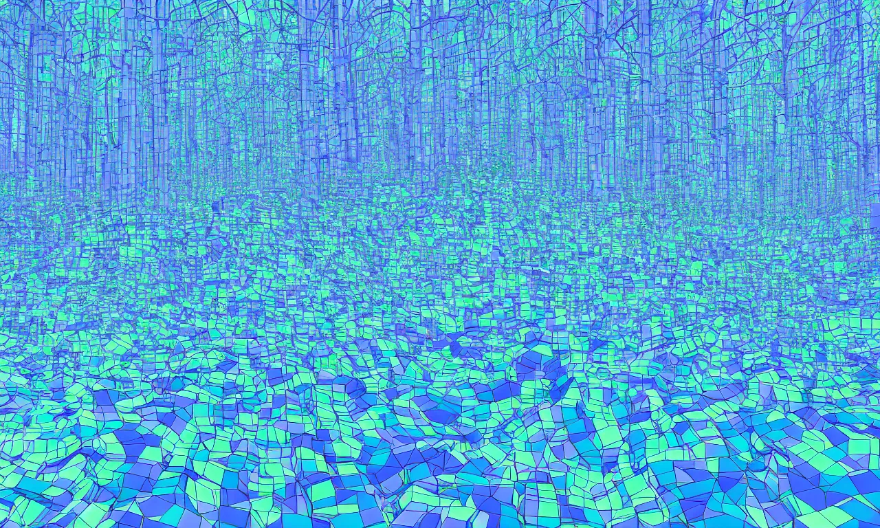 Prompt: blue cubes and forested blobs interconnected by high speed rails, digital art, 3 d, illustration