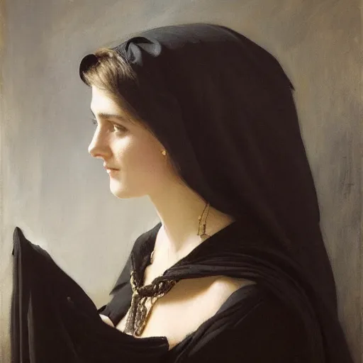 Image similar to portrait of a young women wearing a black cloak, her face is a skull, ultra realistic and highly detailed painting by gaston bussiere and j. c. leyendecker 8 k