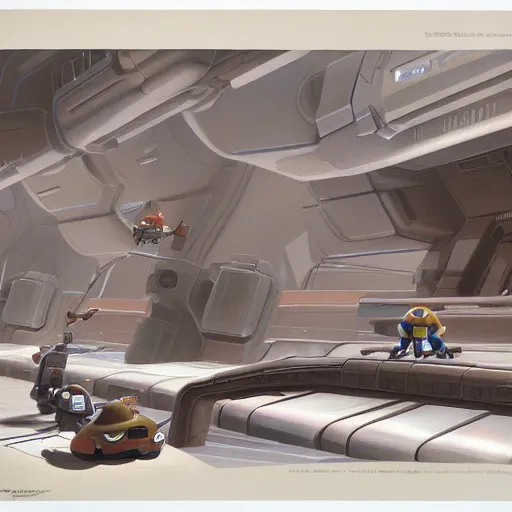 Image similar to ralph mcquarrie concept art for ratchet & clank, matte scene