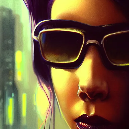 Prompt: molly millions, closeup portrait of a young beautiful cyberpunk woman with sunglasses, black hair in a rough shag, sunset, neuromancer, street samurai, cyberpunk city background, megacity, gorgeous view, depth, painted by seb mckinnon, high detail, digital art, painted by greg rutkowski, trending on artstation