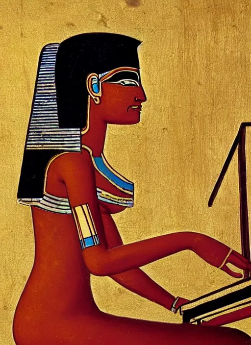 Prompt: ancient egypt painting of girl playing piano, 4 k, high quality, sharp fucos