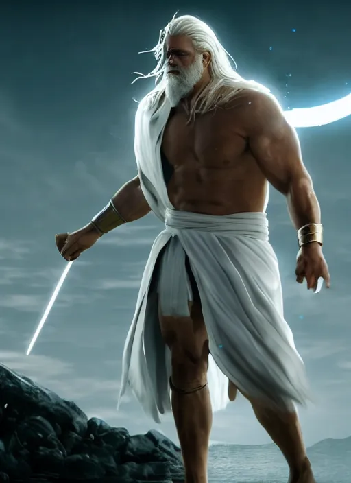 Image similar to zeus, god of thunder, greek god, white hair, powerful, upper body, white robe, in mortal kombat, splash art, movie still, cinematic lighting, dramatic, octane render, long lens, shallow depth of field, bokeh, anamorphic lens flare, 8 k, hyper detailed, 3 5 mm film grain