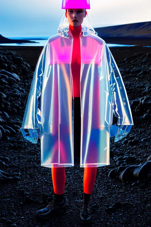 Image similar to an ultra high definition professional high fashion portrait studio full length photograph of a model wearing a transparent pearlescent raincoat and neon visor in an icelandic black rock environment at dawn. no artefacts. extremely detailed. stark. refraction. shallow depth of field. volumetric light and shadow. ray tracing. light rays.