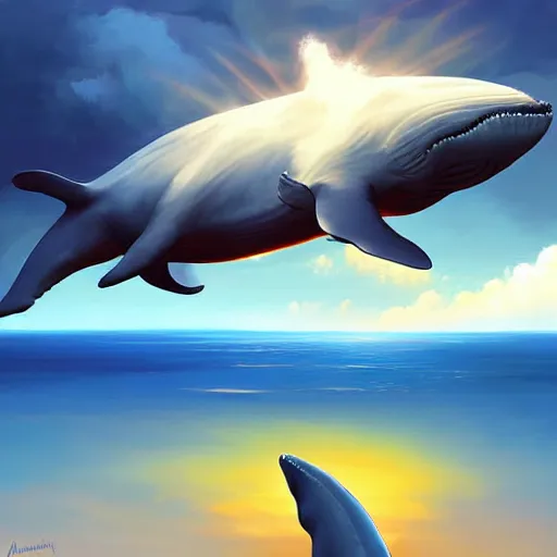 Prompt: digital painting, whale flying clouds. dramatic lighting. god rays. by artem rhads chebokha
