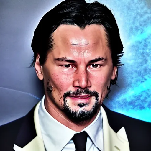 Image similar to a woman who is a genetic combination of keanu reeves and leonardo dicaprio face and upper - body focus