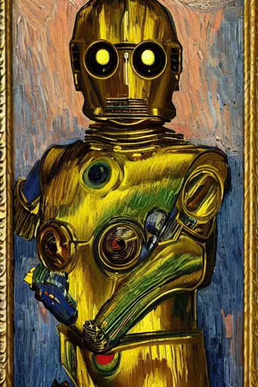 Prompt: bright beautiful oil painting portrait of c 3 po dressed like a 1 9 th century dandy, light scatter, van gogh