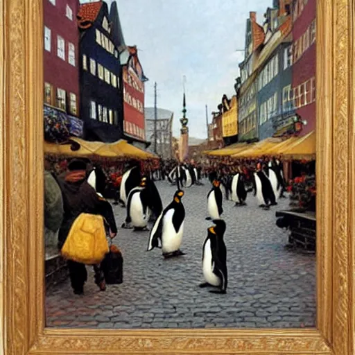 Prompt: penguins walking down nyhavn in copenhagen, denmark, oil painting by norman rockwell, thomas kinkade, highly detailed