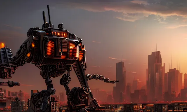 Image similar to Mech defending the city at sunset, photorealistic, hyperrealistic, digital illustrations, concept art, photoreal, cinematic lighting, 30mm film, highly detailed, intricate, award-winning, dark, gritty, beautiful colors, hdr, rendered in Octane, rendered in Unreal engine, 4k, ultra hd