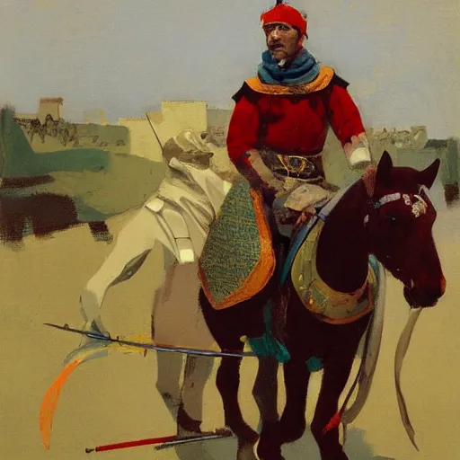 Prompt: portrait of man wearing chinmail and gambeson over colorful cloth on horseback, holding jousting lance, horse is wearing caparisons, medieval by greg manchess, bernie fuchs, walter everett, lost edges