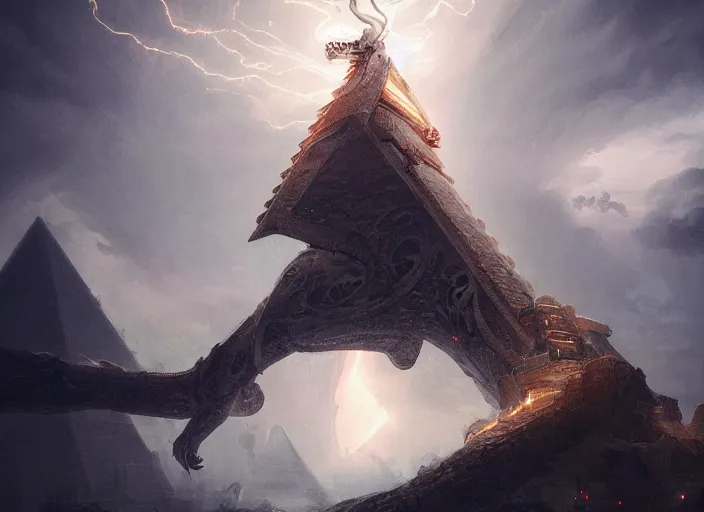 Prompt: luxurious white chinese dragon hovering side of a cyberpunk egyptian pyramid during lightning and thunder, by greg rutkowski, james jean, peter mohrbacher, rule of thirds, sigma look, beautiful, intricate, majestic, award winning