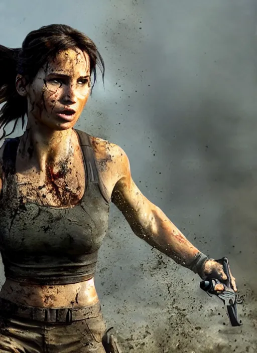 Image similar to a film still of lara croft as russian evading explosions, her face muddy and sweat, direct sun light, close up potrait, cinematic,