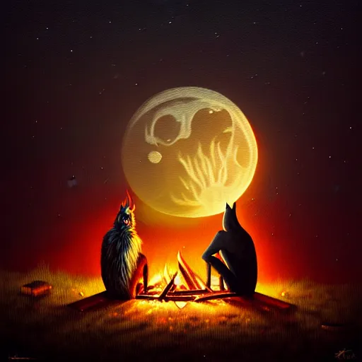 Image similar to strange mythical beasts of sitting around a fire under a full moon, surreal dark uncanny painting by ronny khalil