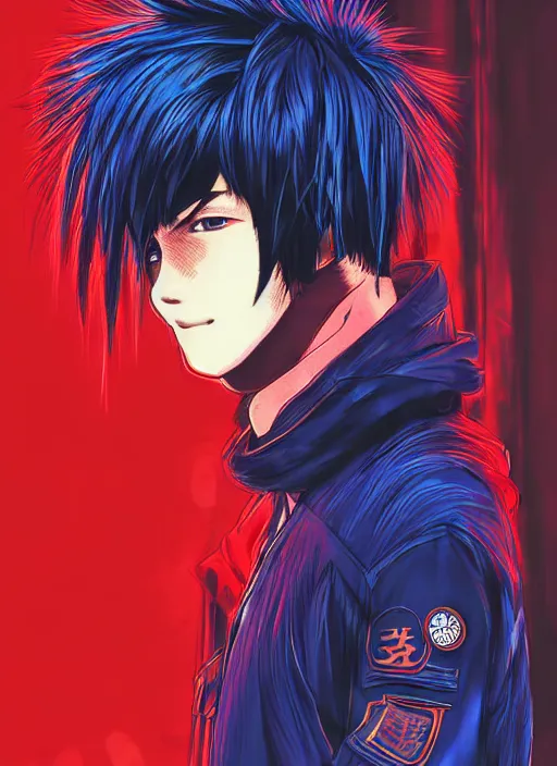 Prompt: manga cover, asian filipino thai teenage boy with feathered curtain-style middle part hair, red turtleneck and navy blue parka, intricate cyberpunk city, emotional lighting, character illustration by tatsuki fujimoto