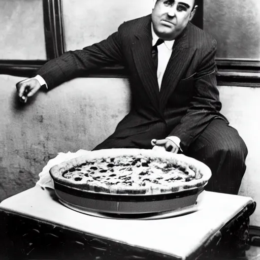 Image similar to Al Capone eating Chicago style deep dish pizza