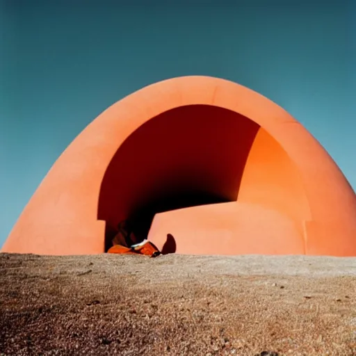 Prompt: a man wearing a salmon hoodie sitting outside a Non-Euclidean orb-like clay house sitting in the desert, vintage photo, beautiful cinematography, blue sky, film grain, James Turrell