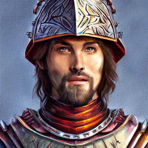 Prompt: Doran, a human warrior wearing a fancy hat and chain armor, 8k resolution, full-length portrait, digital painting, fantasy illustration, D&D character art