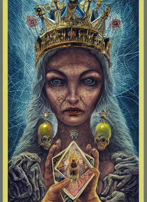 Image similar to tarot card of the queen of dreams by carol bak, jacek yerka, Gediminas Pranckevicius, alex gray, dan mumford and h.r. giger, oil on canvas, 8k highly professionally detailed, HDR, trending on artstation