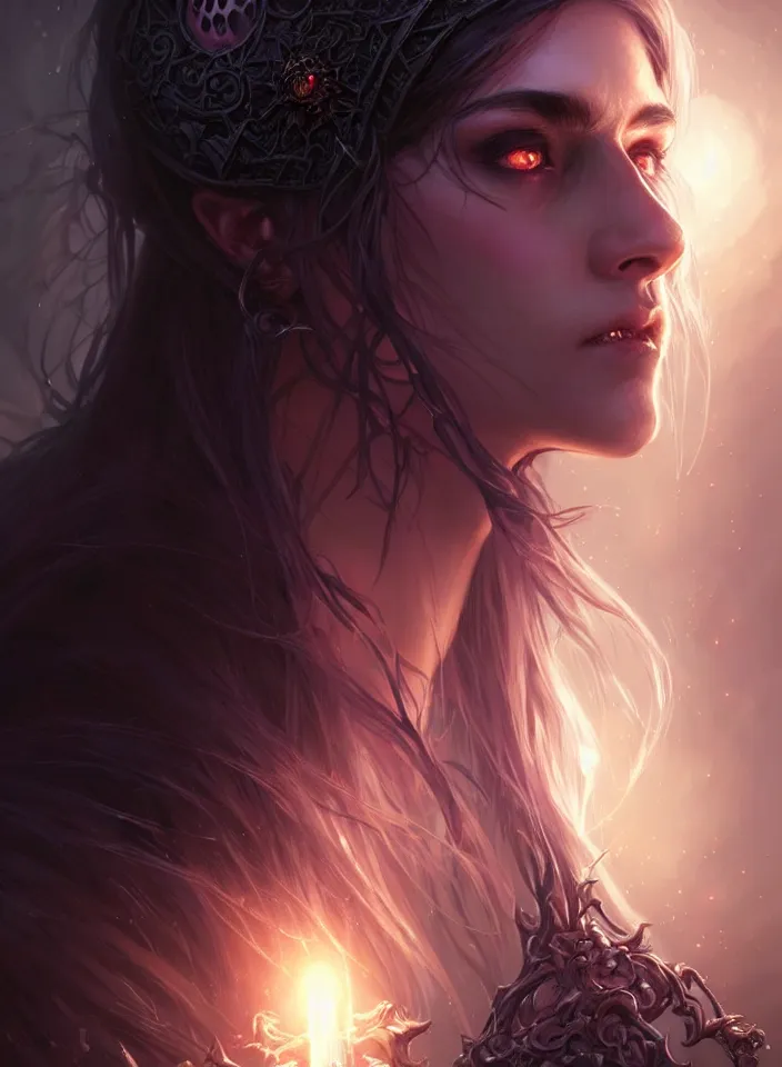 Image similar to Necromancer Sorceress face close-up macro in center, fantasy magic, undercut hairstyle, dark light night, intricate, elegant, sharp focus, illustration, highly detailed, digital painting, concept art, matte, art by WLOP and Artgerm and Greg Rutkowski and Alphonse Mucha, masterpiece