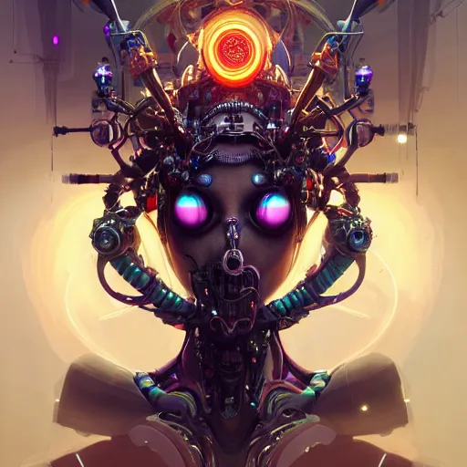 Image similar to portrait biomechanical spider king, cyberpunk, bionics, augments, lights, cables, elegant gleaming intricate baroque jewellery, colorful, vivid, imposing, epic, digital painting, artstation, concept art, by peter mohrbacher and wlop and rhads,