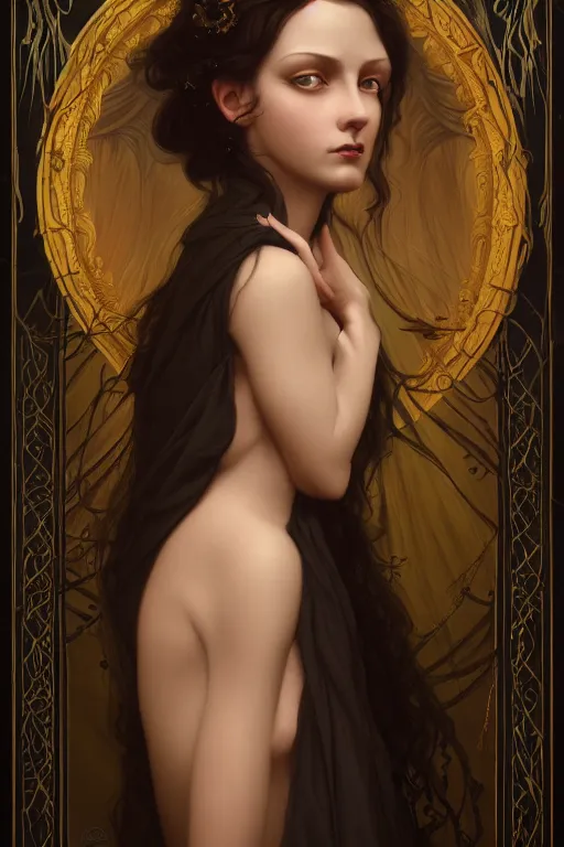 Image similar to a portrait of elegant beautiful dark nymph, queen of the dark fairies, bored, illustration, dramatic lighting, soft details, painting oil on canvas, art nouveau, octane render, HDR, 4k, 8k, HD, by Edmund Blair Leighton, Brom, Charlie Bowater, trending on artstation, faces by Otto Schmit