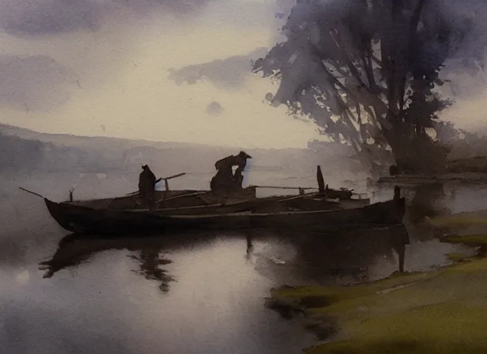Prompt: watercolor of calm river with wooden boat, stone bridge, art by anders zorn, wonderful masterpiece by greg rutkowski, beautiful cinematic light, american romanticism by greg manchess, creation by tyler edlin