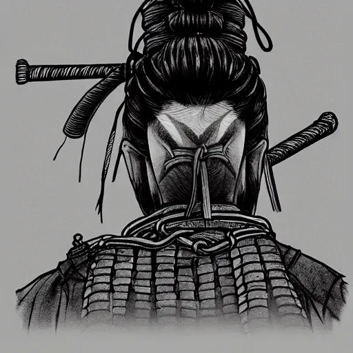 Image similar to A PORTRAIT FROM BEHIND OF A SAMURAI ,THE THE MAN IS WRAPPED IN CHAINS ,detailed, concept art, ink style , sketch