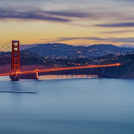 Image similar to a photo of a airplane flying under golden gate bridge at dusk