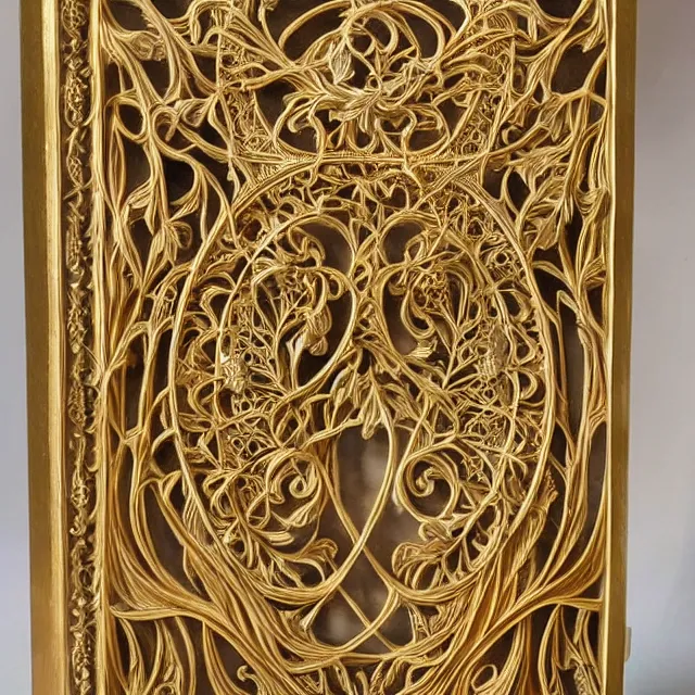 Image similar to a 3 d golden art nouveau carved sculpture of a delicate tracery pattern, intricate and highly detailed, well - lit, ornate, realistic, polished with gold leaf