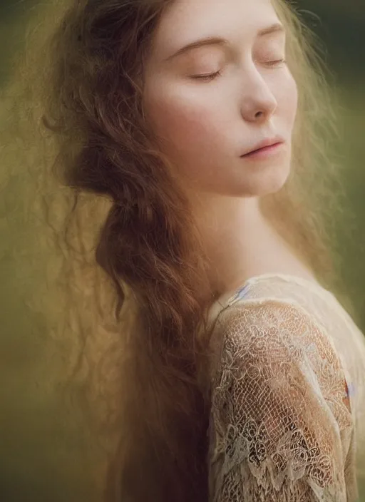 Image similar to Kodak Portra 400, 8K, soft light, volumetric lighting, highly detailed, britt marling style 3/4, Close-up portrait photography of a beautiful woman how pre-Raphaelites a woman with her eyes closed is surrounded by water, she has a beautiful lace dress and hair are intricate with highly detailed realistic beautiful flowers , Realistic, Refined, Highly Detailed, natural outdoor soft pastel lighting colors scheme, outdoor fine art photography, Hyper realistic, photo realistic