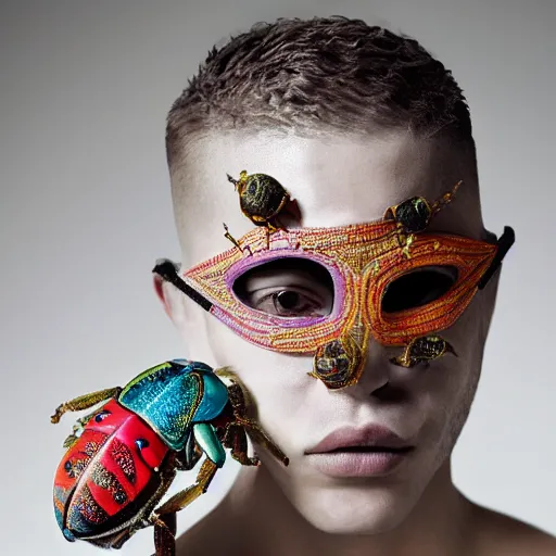 Prompt: a young athletic slim beautiful latin prince wears a mask decorated with intricate small colorful beetles made of organza, designed by alexander mcqueen, photographed by erwin olaf for an expensive fashion magazine