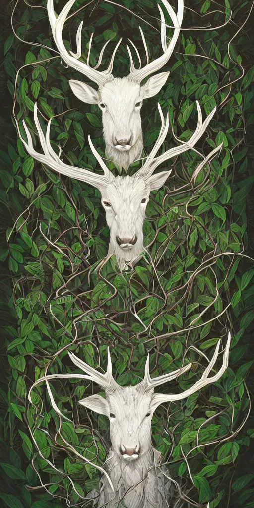 Image similar to highly detailed portrait of a white stag with vines entwined with its antlers by roger dean and alena aenami, dynamic lighting