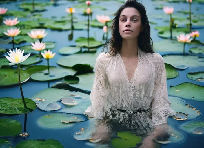 Image similar to face is emerging from the water Kodak Portra 400, 8K, soft light, volumetric lighting, highly detailed, britt marling style 3/4, photo close-up portrait of extreme beautiful girl floating in water surrounded by lily pads, half face in the water, a beautiful lace dress and hair are intricate with highly detailed realistic beautiful flowers , Realistic, Refined, Highly Detailed, natural outdoor soft pastel lighting colors scheme, outdoor fine art photography, Hyper realistic, photo realistic