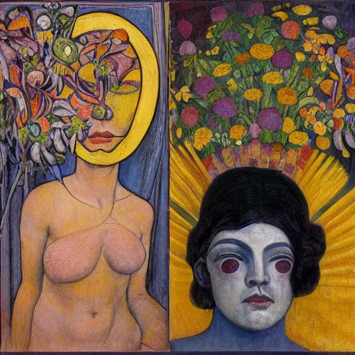 Image similar to facemask made of flowers, by annie swynnerton and jean delville and edward hopper and evelyn de morgan and rufino tamayo and diego rivera, art deco flower shaman, art brut, outsider art, symbolist, dramatic lighting, god rays, elaborate geometric ornament, clean crisp graphics, smooth sharp focus, extremely detailed, adolf wolfli