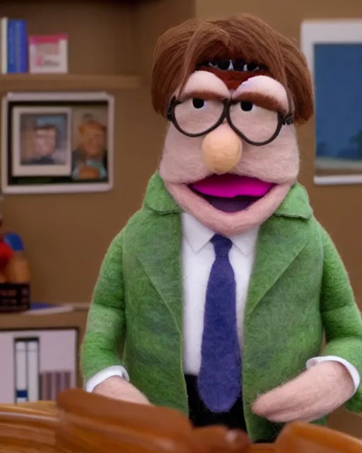 Image similar to film still from the office, dwight schrute as a muppet. highly detailed felt. hyper real photo. 4 k.