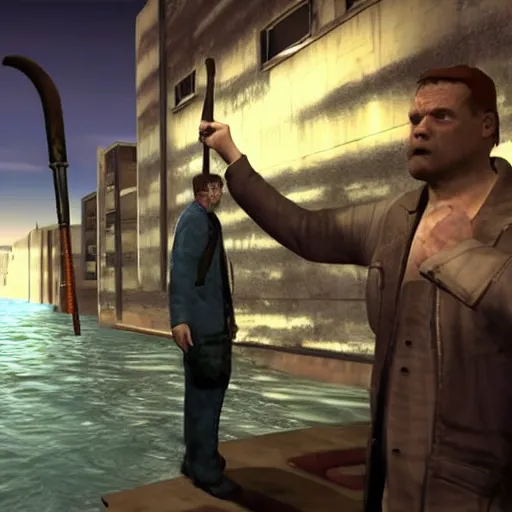 Prompt: before he leaves, barney gives him the infamous crowbar gordon used at black mesa, telling him that he needs to travel through the extensive canal system of city 1 7 to reach his destination.