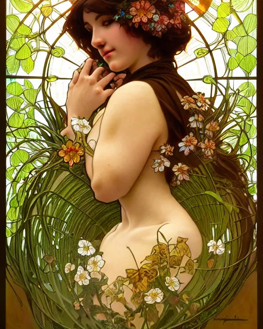 Prompt: portrait of mother nature, wlop, artgerm, flowery overgrowth, alphonse mucha, radiant halo of light, intricately carved mahogany, gilding, artstation