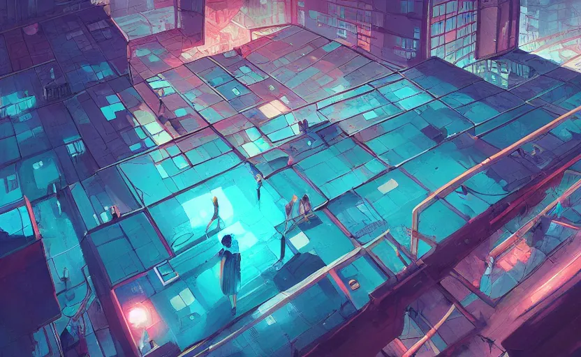 Prompt: gymnasium, cyberpunk, rooftop, teal spot lights, highly detailed, digital painting, artstation, concept art, sharp focus, illustration