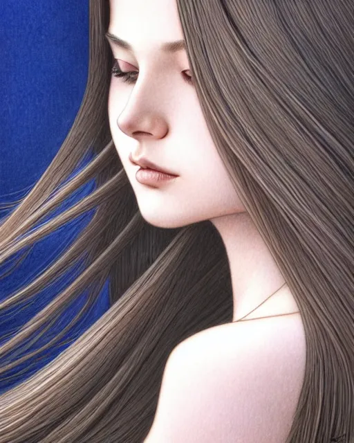 Prompt: ' daydreaming woman with long straight silky hair ', closeup shot of face, beautiful shadowing, soft shadowing, reflective surfaces, illustrated completely, 8 k beautifully detailed pencil illustration, extremely hyper - detailed pencil illustration, intricate, epic composition, masterpiece, bold complimentary colors. stunning masterfully illustrated by artgerm, range murata, alphonse mucha, katsuhiro otomo.