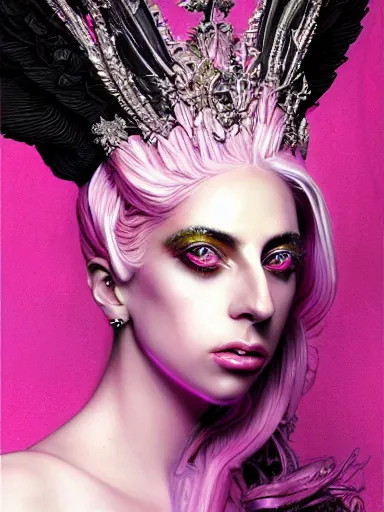 Prompt: pink portrait of beautiful female angel queen Lady Gaga head wearing shiny pink crown, subtle purple accents, hyper details, black metal rococo, sculpted by Alex Alice, Craig Mullins, yoji shinkawa, trending on artstation, beautifully lit, Peter mohrbacher, hyper detailed, insane details, intricate, elite, elegant, luxury, ray of light through smoke, CGsociety, hypermaximalist, blackpink, golden ratio, volumetric, octane render, weta digital, micro details, 3d sculpture