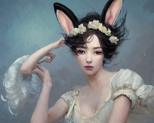 Prompt: victorian dancers with bunny ears and silk cloth and long hair, magnificent, close up, details, sharp focus, elegant, highly detailed, illustration, by Jordan Grimmer and greg rutkowski and PiNe(パイネ) and 薯子Imoko and 香川悠作 and wlop and maya takamura, intricate, beautiful, Trending artstation, pixiv, digital Art