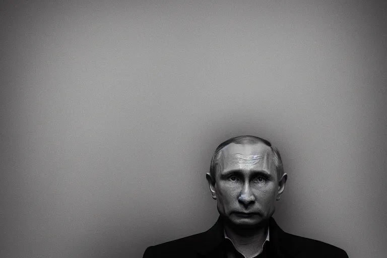 Prompt: a medium low angle shot of Vladimir putin sitting in squat position, looking at the camera, lit from below, editorial fashion photography, 8k, black background