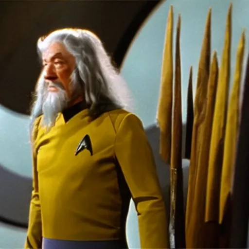 Image similar to A still of Gandalf as Captain Kirk on Star Trek