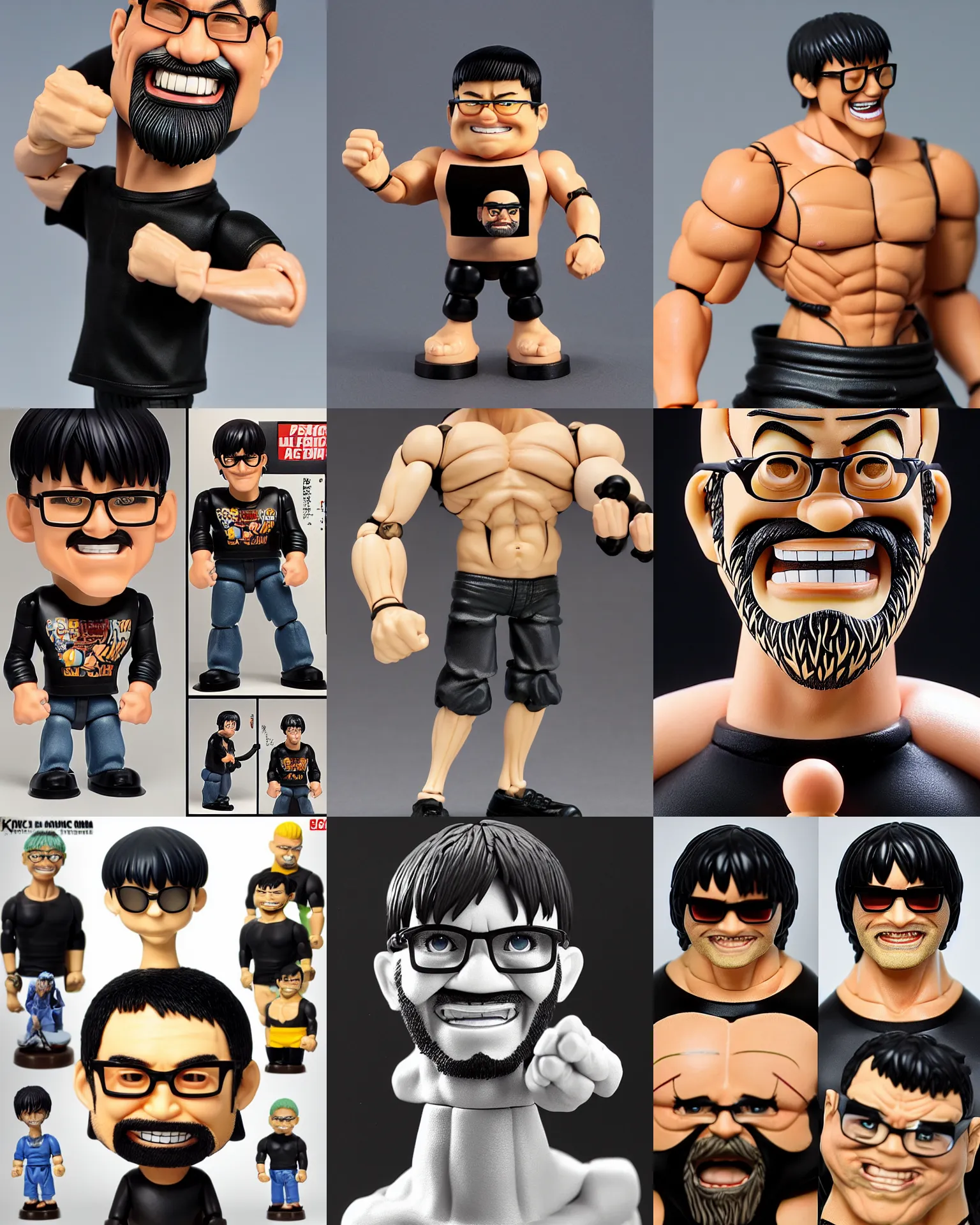 Prompt: plastic action figure of a buff smiling man with long stubble, muscular neck, rectangular square shaped glasses and a black bowl cut, wearing a black tshirt by kim jung gi, ric estrada, ron english and eiichiro oda