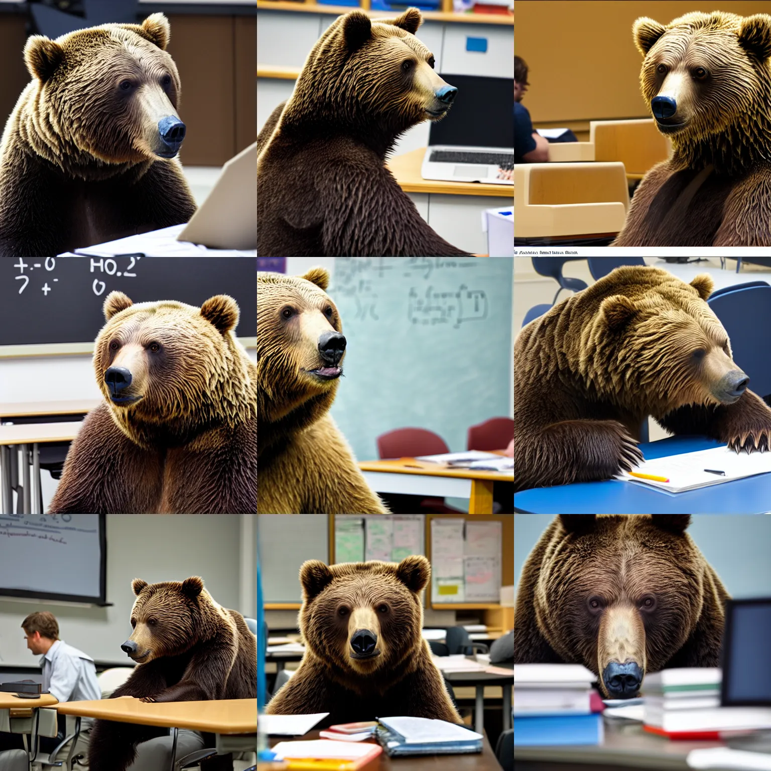 Prompt: A photo of a confused grizzly bear in calculus class