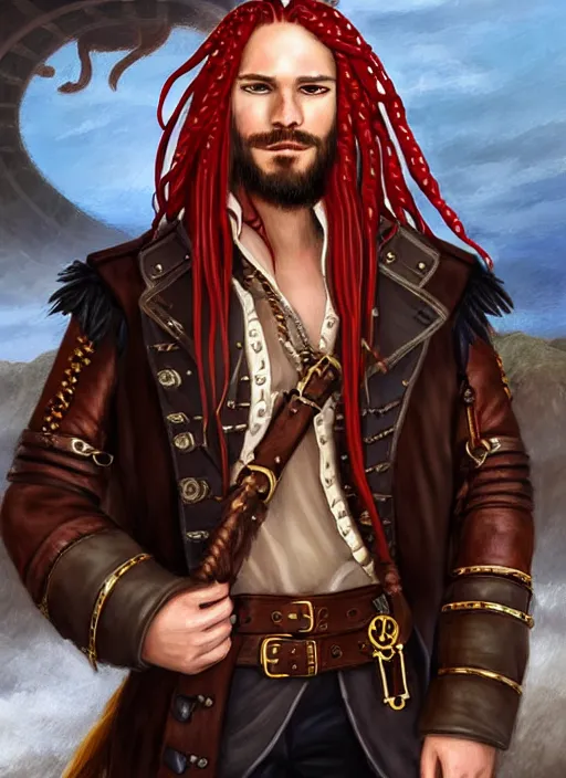 Prompt: portrait of a male pirate with flowing red hair!!!!!!, handsome, braids, leather coat, side profile, Steampunk airship!!!!!!!, D&D, fantasy, simple clothing!!!!, elegant, highly detailed, digital painting, deviantart, artstation, concept art, sharp focus, illustration, art by Artgerm and Greg Rutkowski and Alphonse Mucha