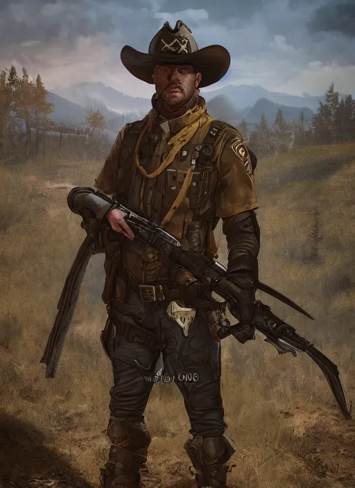 Image similar to A comic book style portrait painting of a ranger soldier sheriff in a post apocalyptic setting, unreal 5, DAZ, hyperrealistic, octane render, RPG portrait, dynamic lighting