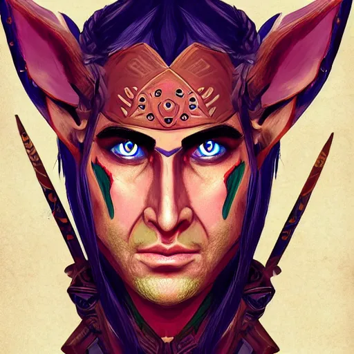 Image similar to elf warrior with the face of nick cage, d & d style, trending on artstation, colorful, intricate, art by kev chan