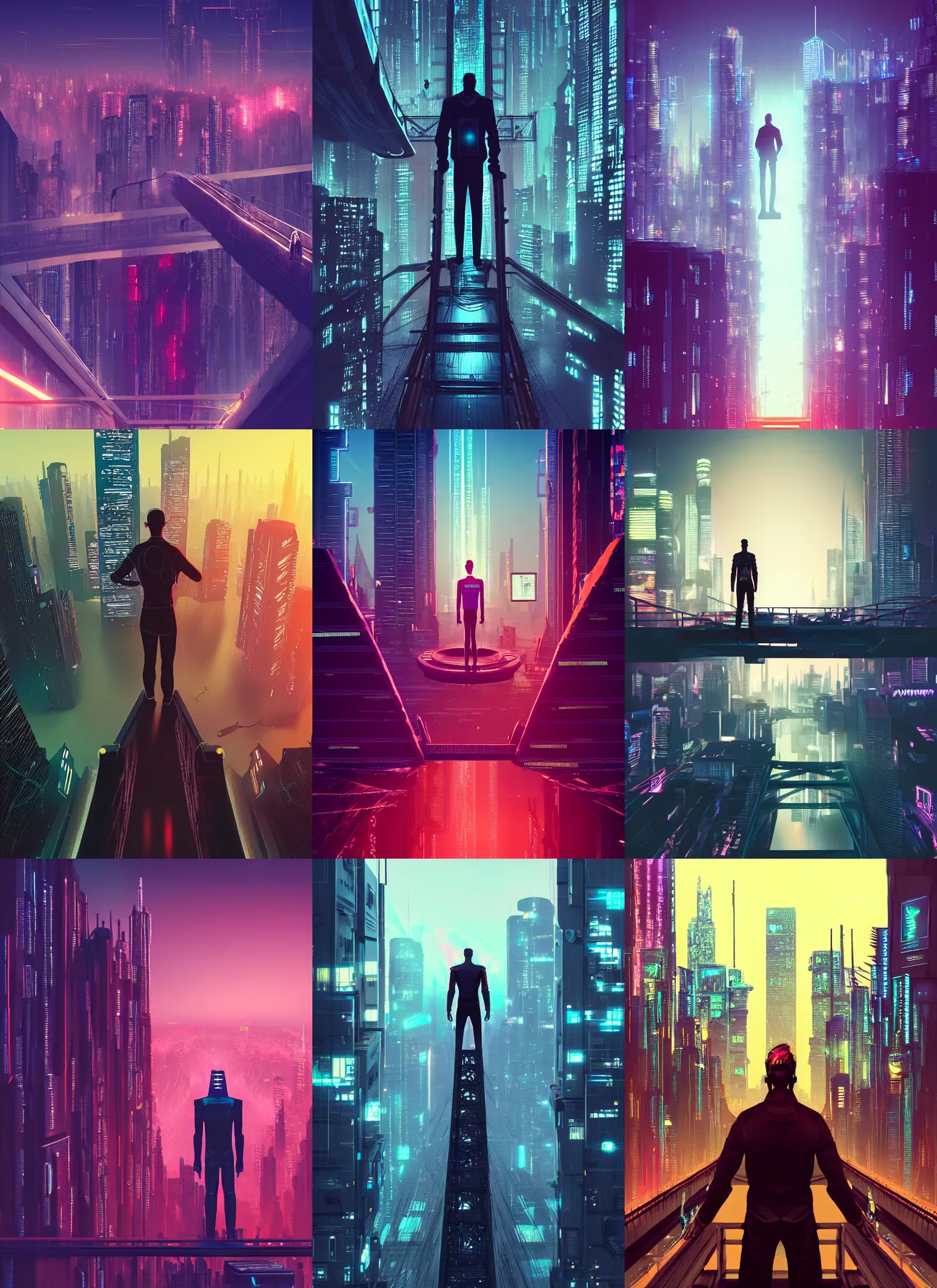 Image similar to a man standing on top of a bridge over a city, cyberpunk art by vincent lefevre, behance contest winner, altermodern, cityscape, synthwave, matte painting